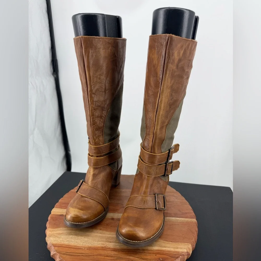 Durango harness tall boots sz 7 brown leather‎ green canvas